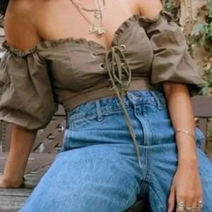 I AM GIA Green Off Shoulder Puff Sleeve Lace Up Corset Cropped Crop Top M